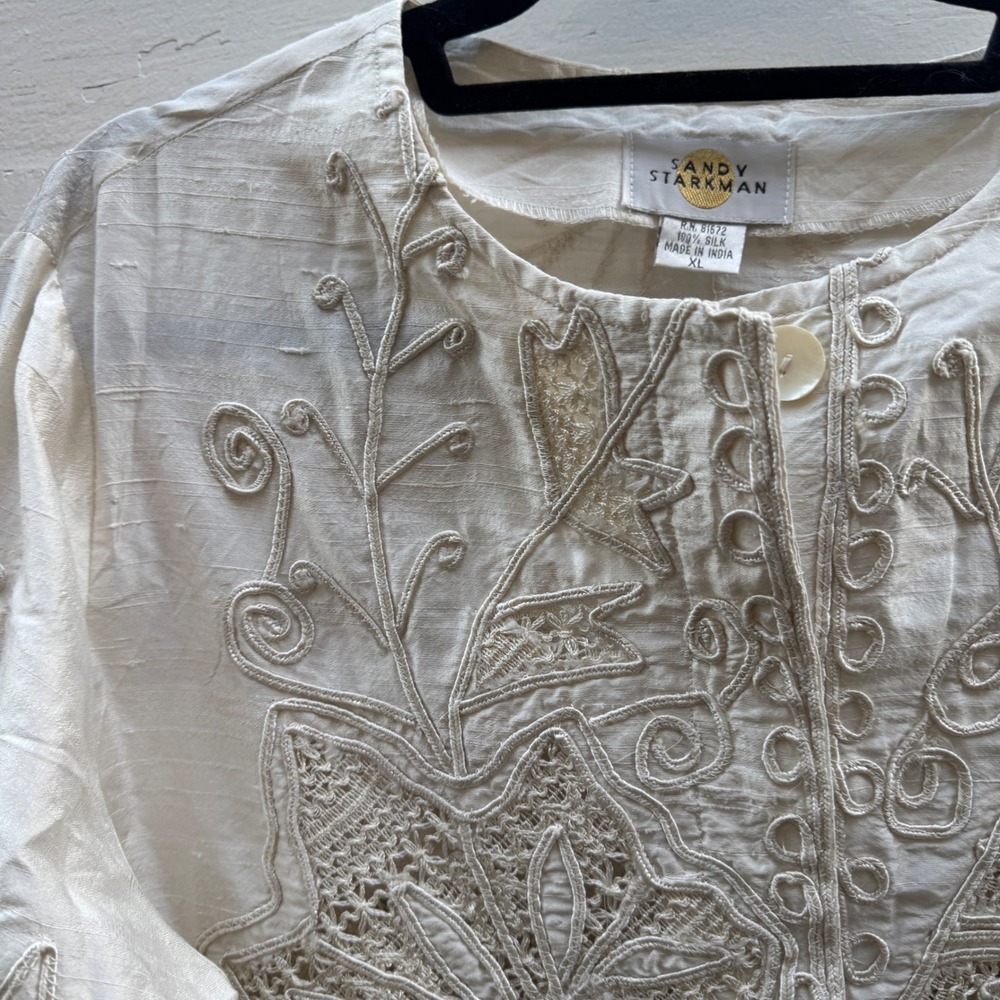 Sandy Starkman Jacket XL Cream Vintage Silk Embroidered Beaded Boho Art to Wear - Picture 3 of 16